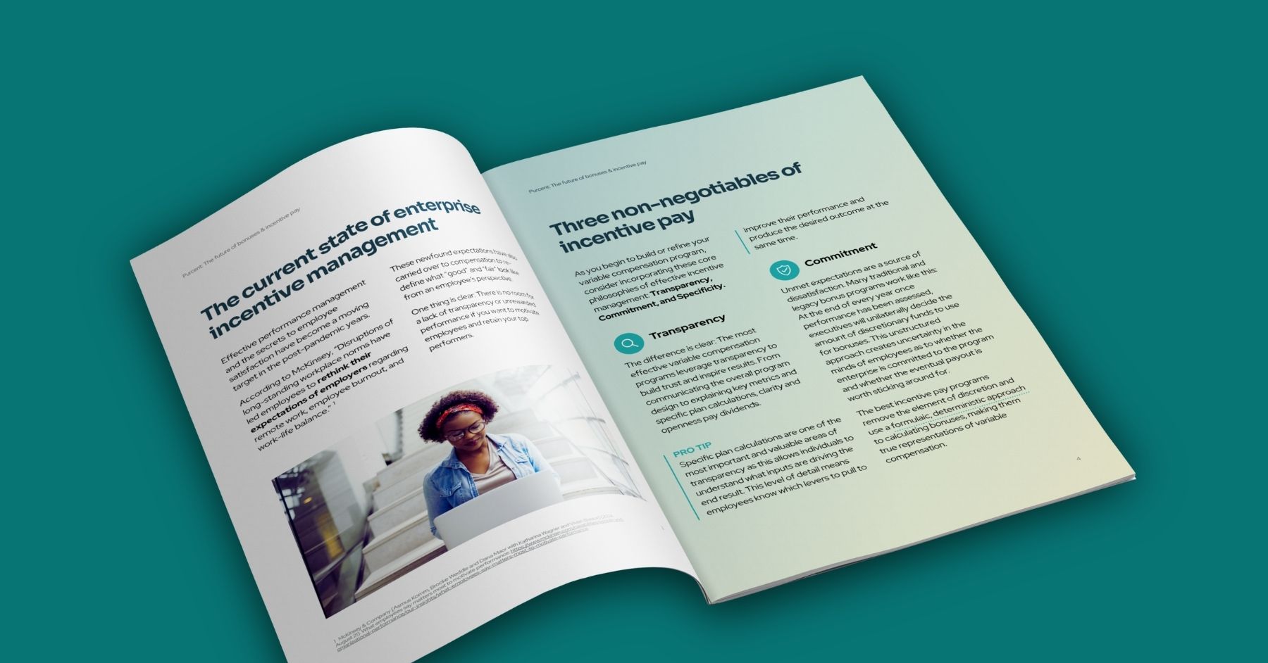 An open booklet discussing the current state of enterprise incentive management, featuring text on effective performance management, transparency, and commitment, alongside an image of a woman working on a laptop.